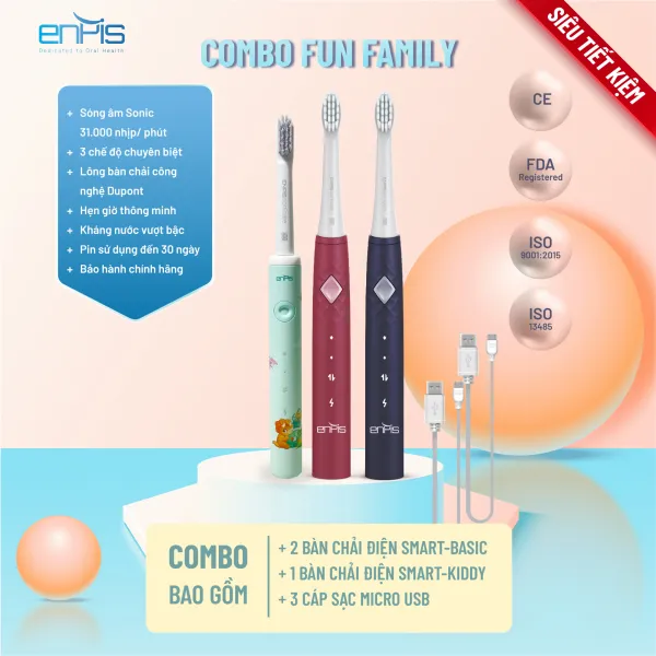 Combo Fun Family ( 2 bàn chải điện Smart-Basic + 01 bàn chải điện Kiddy )